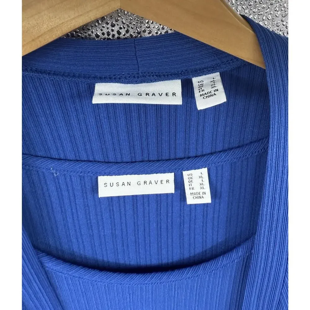 Susan Graver Tank Top Cardigan Ribbed Liquid Knit Set Blue Womens Large - Picture 2 of 7